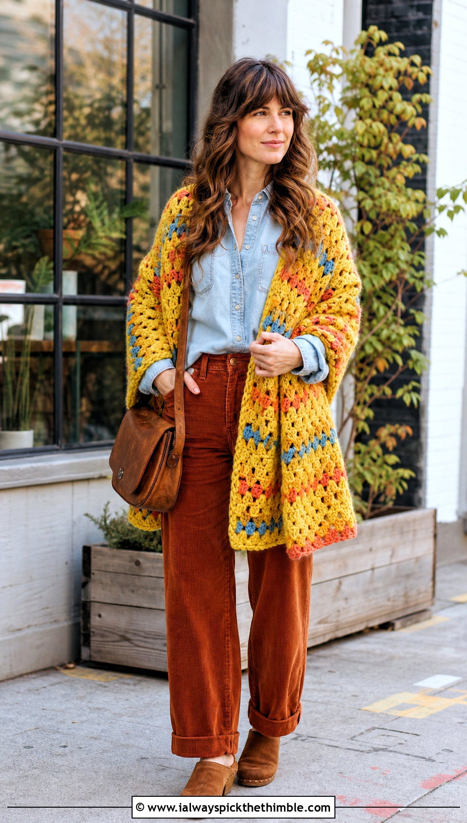 Super Bulky Granny Stitch Crochet Shawl With Corduroy Pants - 15 Super Bulky Crochet Shawl outfit ideas
