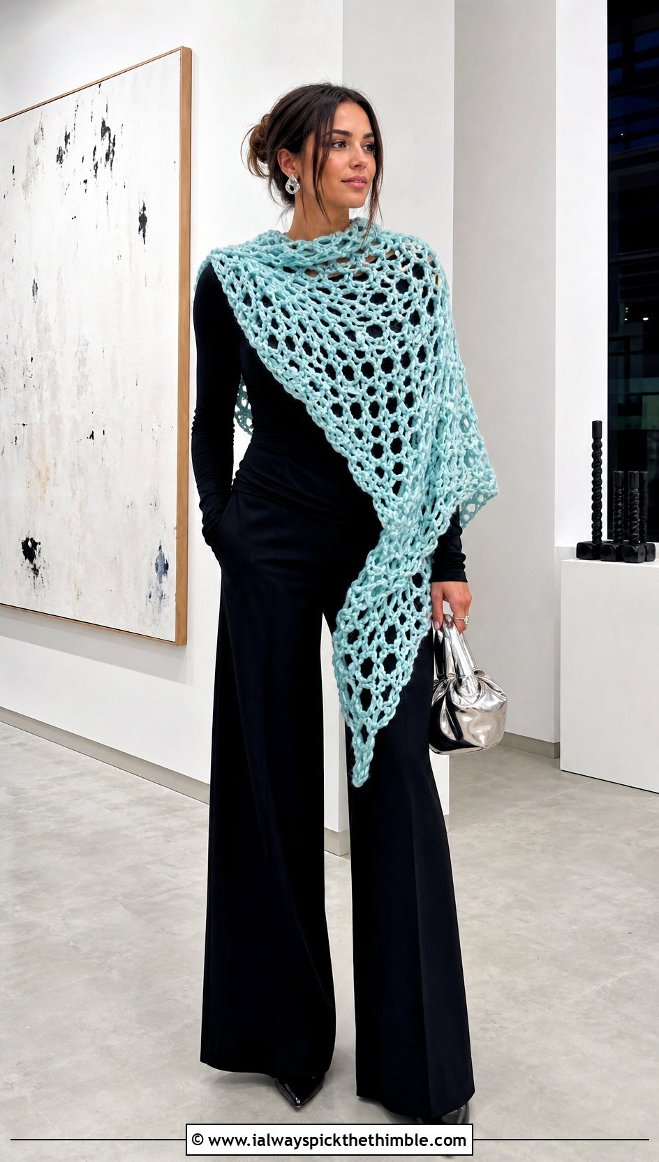 Super Bulky Lace Mesh Crochet Shawl With Black Separates - 15 Super Bulky Crochet Shawl outfit ideas