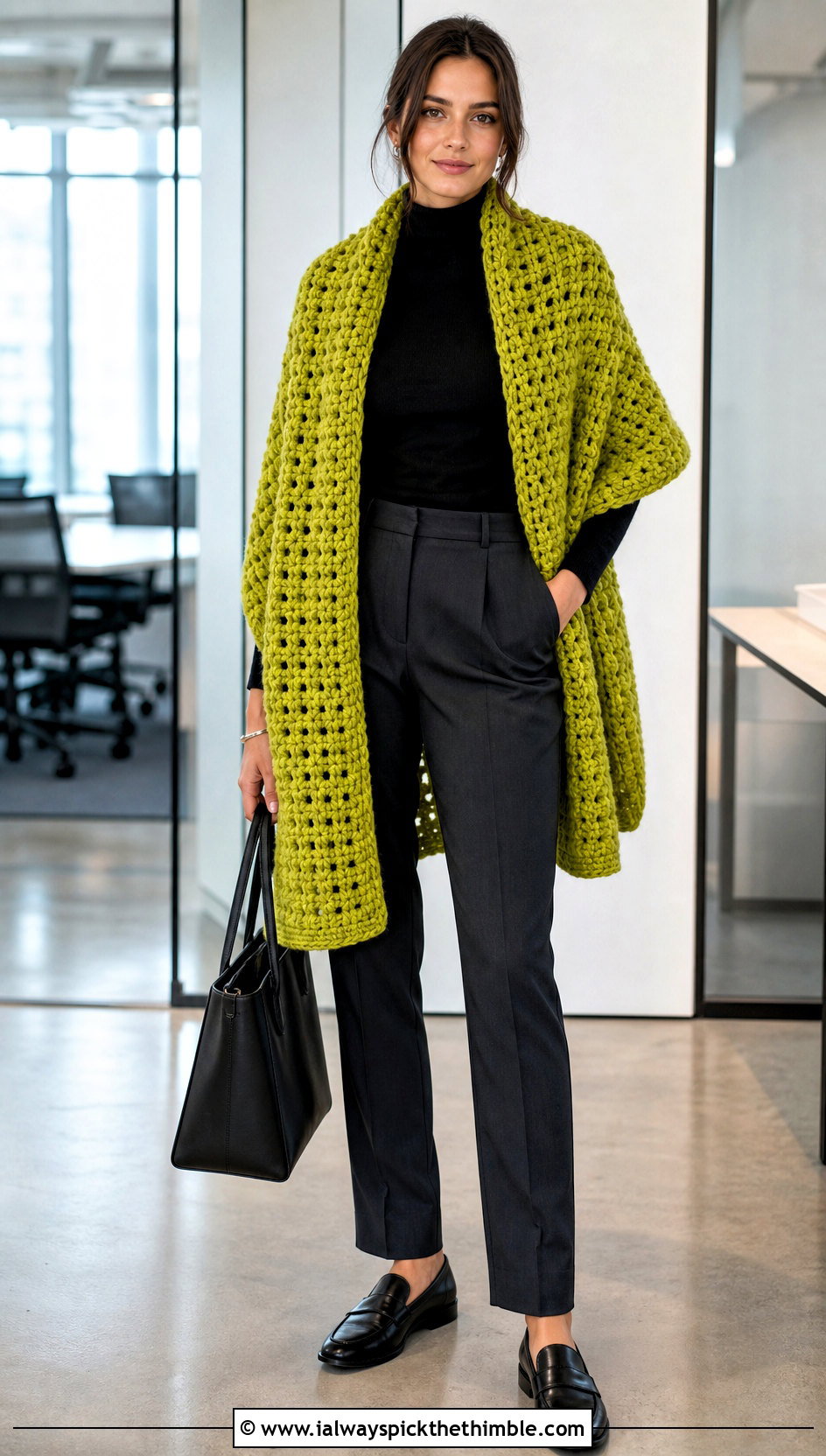 Super Bulky Rectangular Crochet Wrap Shawl With Tailored Trousers - 15 Super Bulky Crochet Shawl outfit ideas