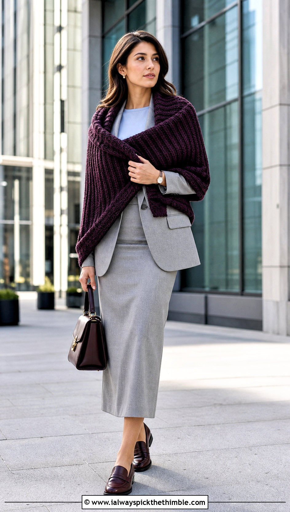Super Bulky Ribbed Crochet Shawl With Blazer And Midi Skirt - 15 Super Bulky Crochet Shawl outfit ideas