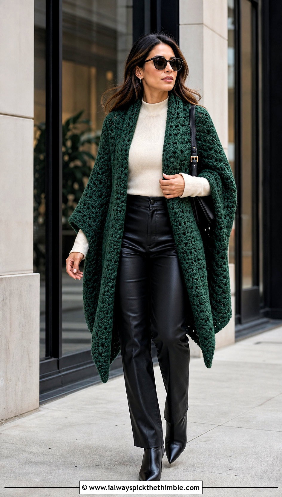 Super Bulky Ruana Crochet Shawl With Leather Pants - 15 Super Bulky Crochet Shawl outfit ideas