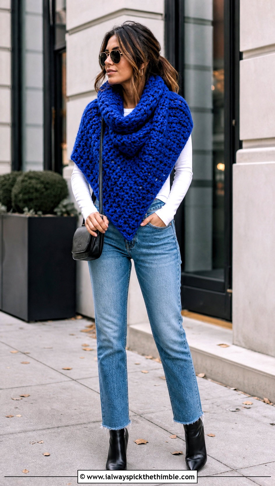 Super Bulky Triangle Crochet Shawl With Straight Leg Jeans - 15 Super Bulky Crochet Shawl outfit ideas