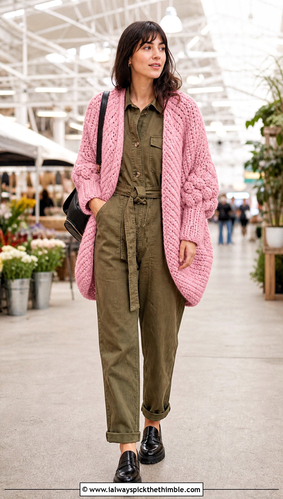 Super Chunky Cocoon Cardigan With Utility Jumpsuit - 20 Thick Yarn Crochet Cardigan outfit ideas