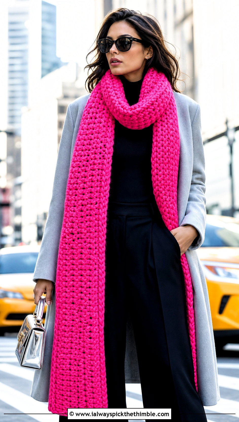 Super Crochet Scarf With Long Coat And Wide Leg Pants - 25 easy crochet scarf outfit ideas