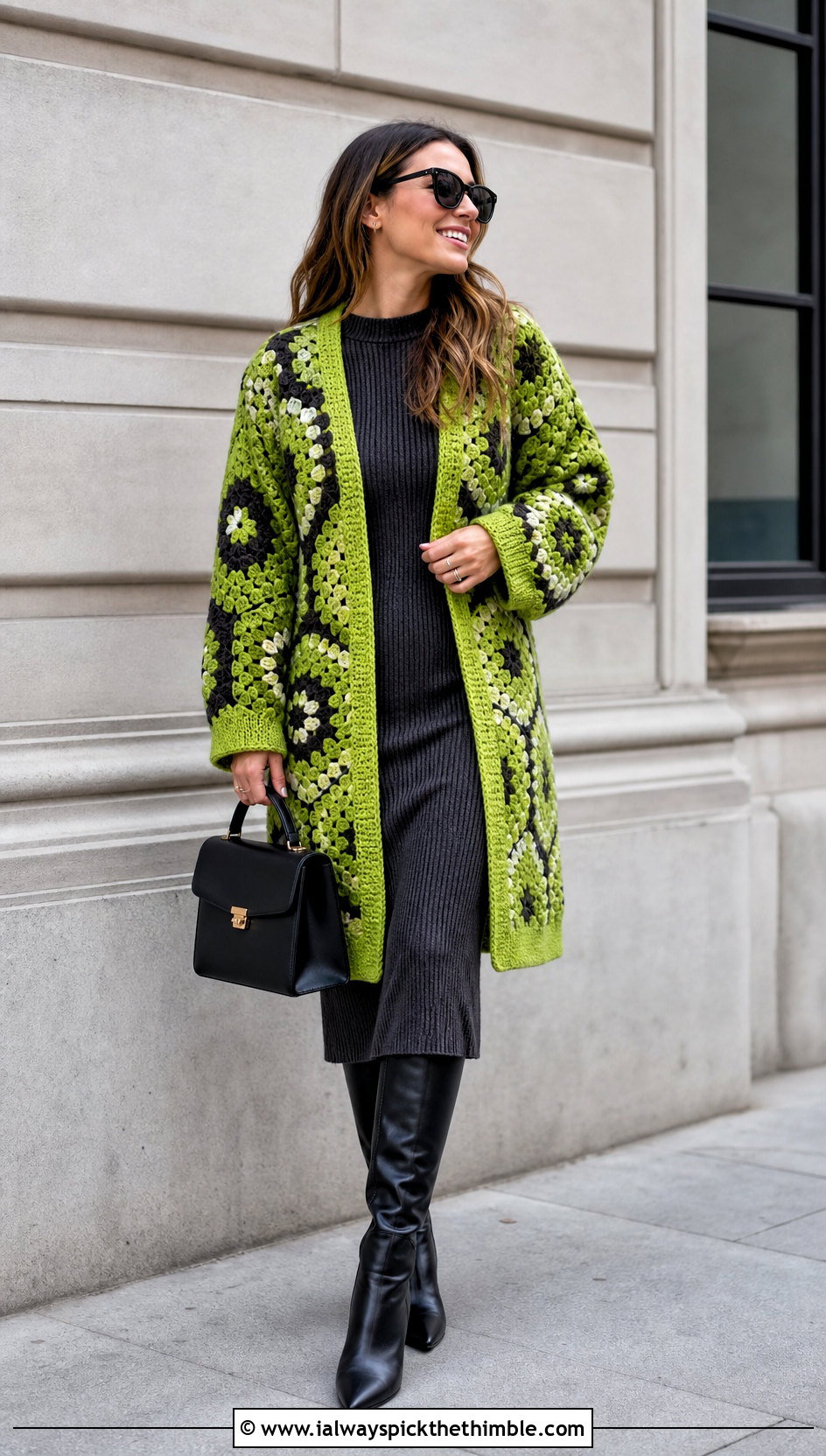 Sweater Coat Hexagon Granny Square Cardigan With Knit Dress - 25 hexagon granny square sweater outfit ideas