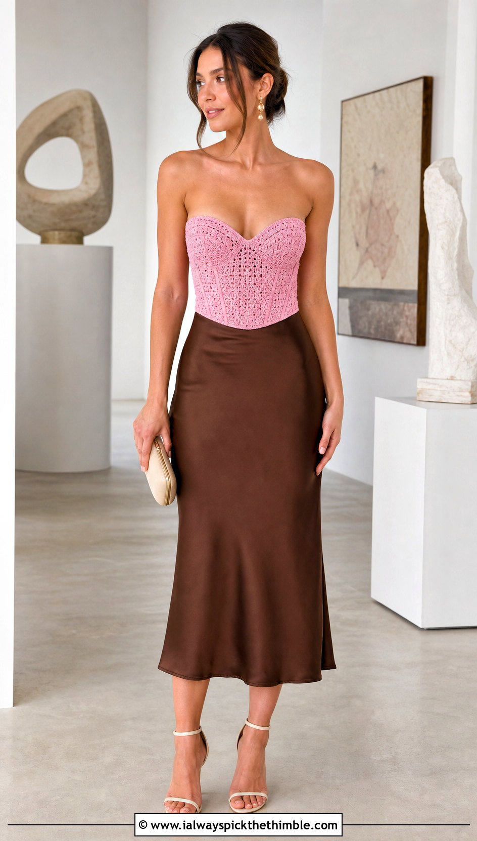 Sweetheart Crochet Bustier Top With Satin Midi Skirt - 25 crochet bustier top outfit ideas