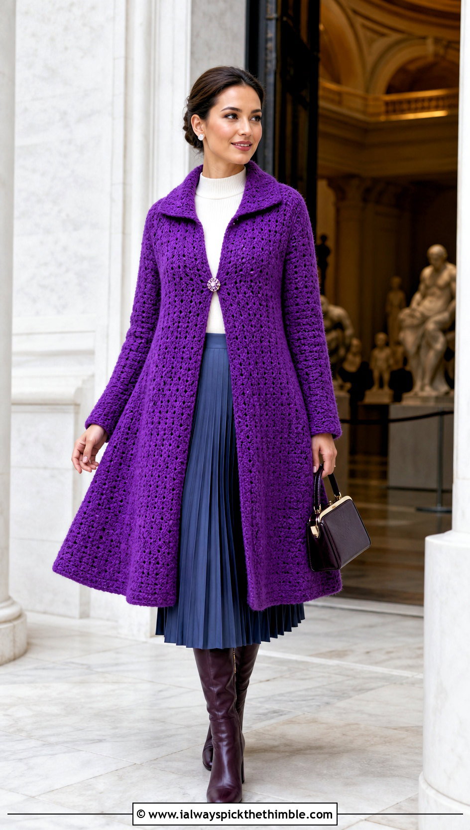Swing Crochet Winter Coat With Pleated Midi Skirt - 20 Crochet Winter Coat outfit ideas