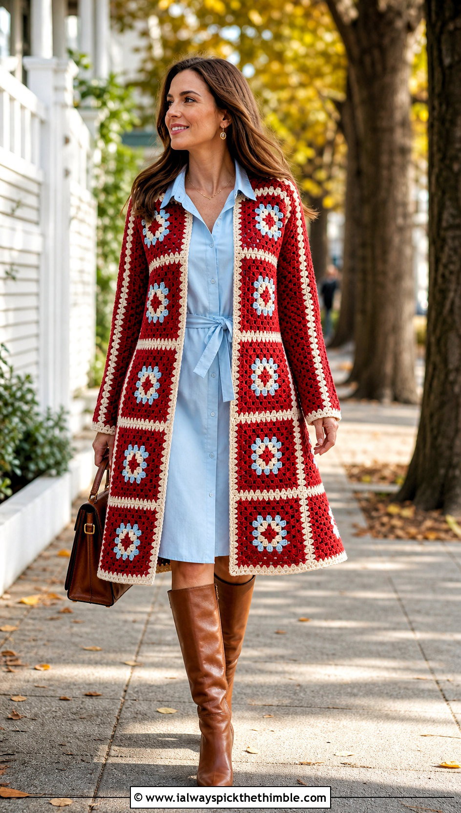 Swing Granny Square Coat With Shirt Dress - 20 crochet granny square coat outfit ideas