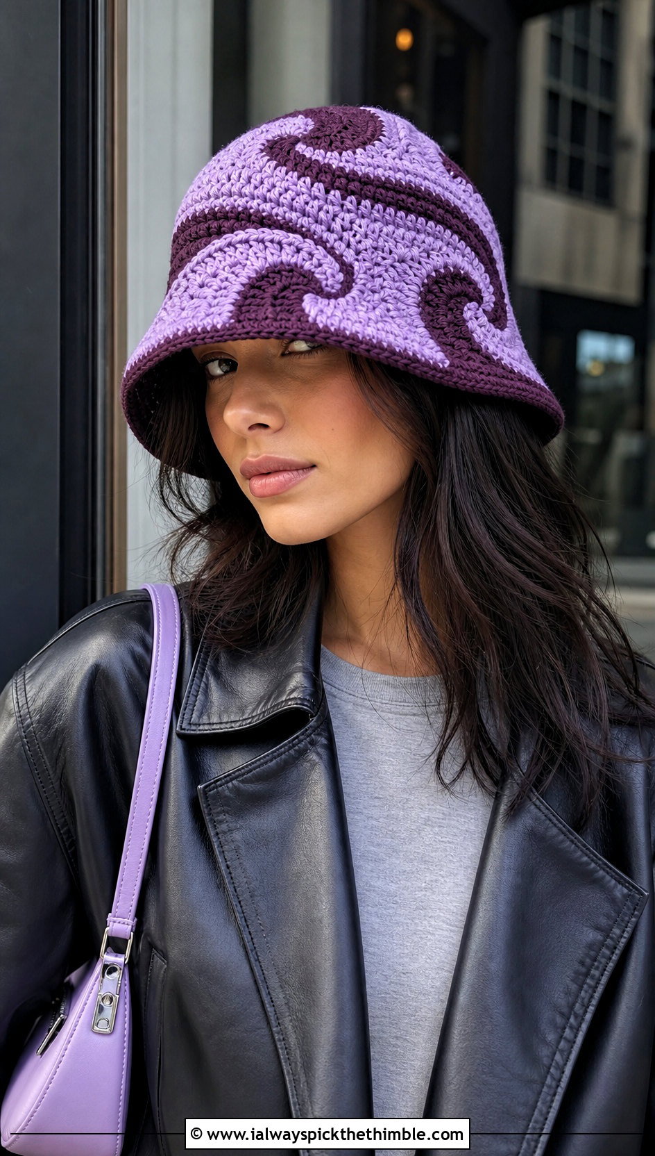 Swirl Crochet Bucket Hat With Leather Jacket And Black Jeans - 20 Crochet Cute Bucket Hat outfit ideas