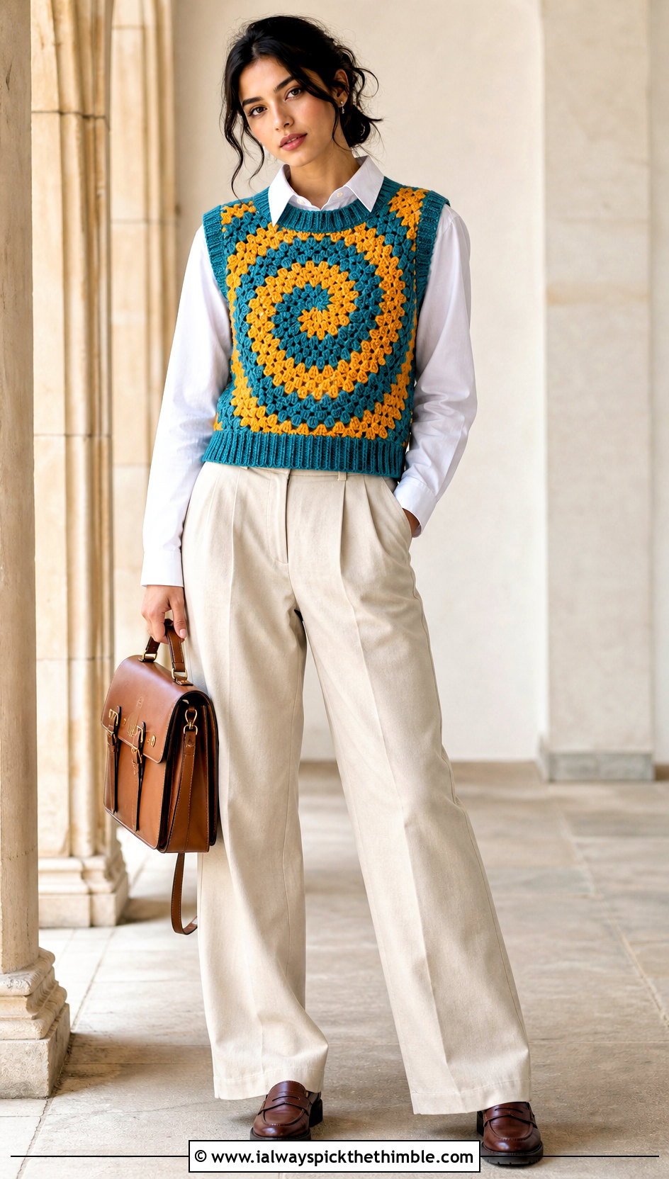Swirl Crochet Sweater Vest With Poplin Shirt - 20 swirl crochet sweater outfit ideas