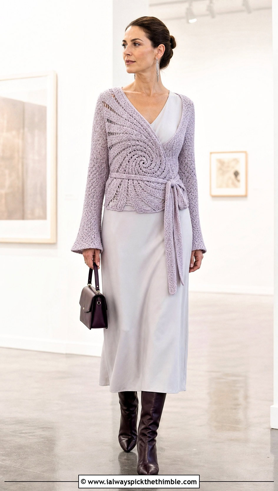 Swirl Crochet Wrap Sweater Over A Column Dress - 20 swirl crochet sweater outfit ideas
