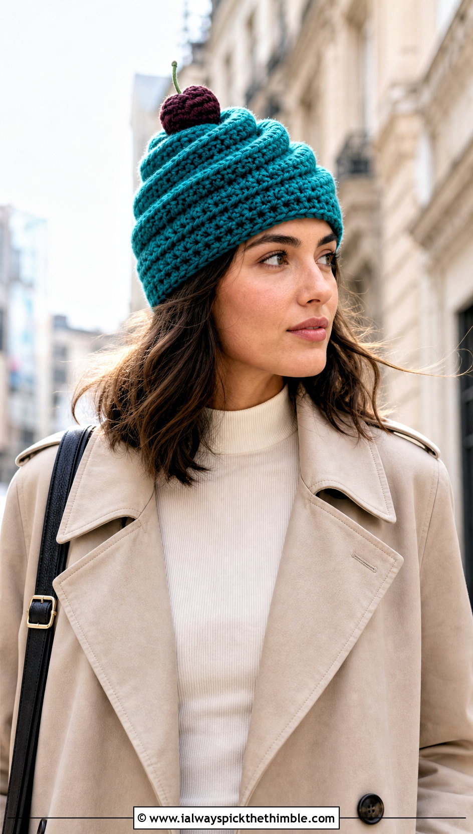 Swirled Frosting Crochet Cupcake Beanie With Trench Coat - 15 Crochet Cupcake Beanie outfit ideas