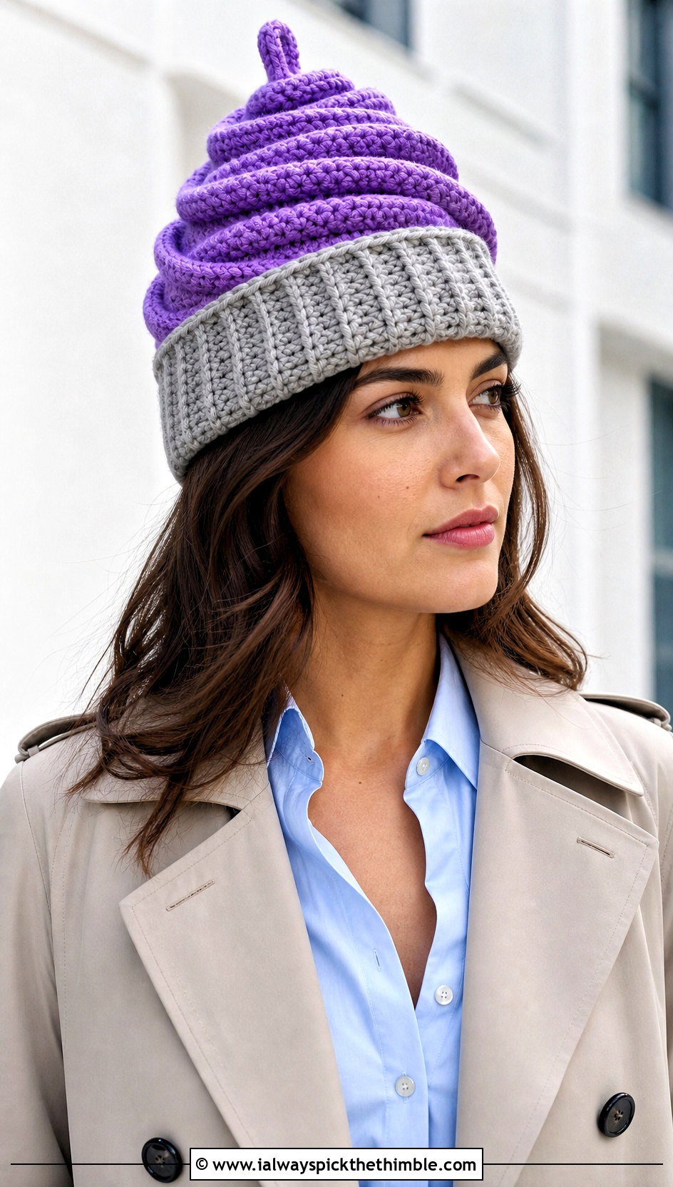 Swirled Frosting Crochet Cupcake Hat With Trench Coat - 20 crochet cupcake hat outfit ideas