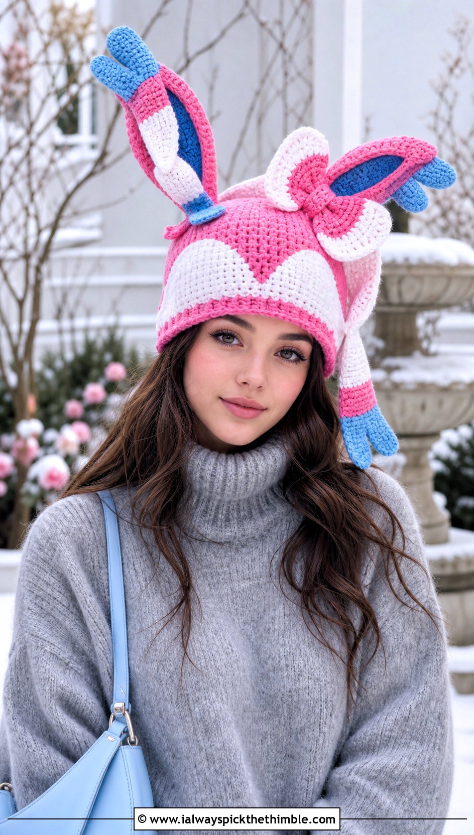 Sylveon Ribbon Beanie With Sweater Dress - 20 crochet pokemon beanie outfit ideas