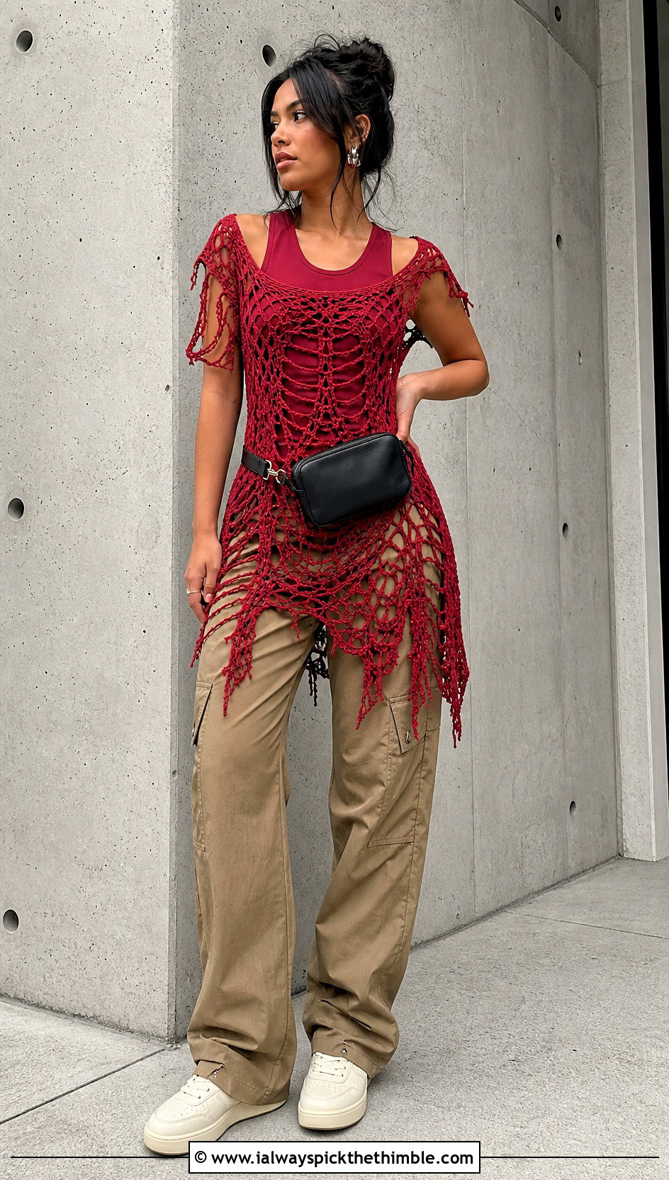 T Shirt Distressed Crochet Mini Dress With Cargo Pants - 20 Distressed Crochet Dress outfit ideas