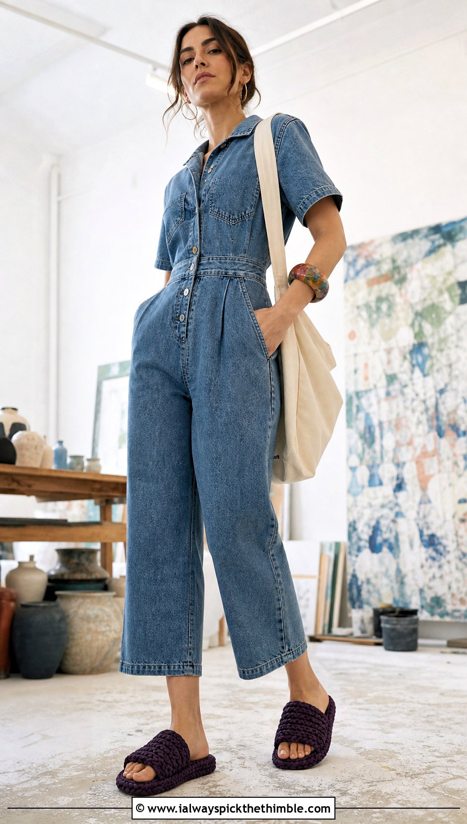 T Shirt Yarn Crochet Slides With Denim Jumpsuit - 20 Cute Crochet Slippers outfit ideas