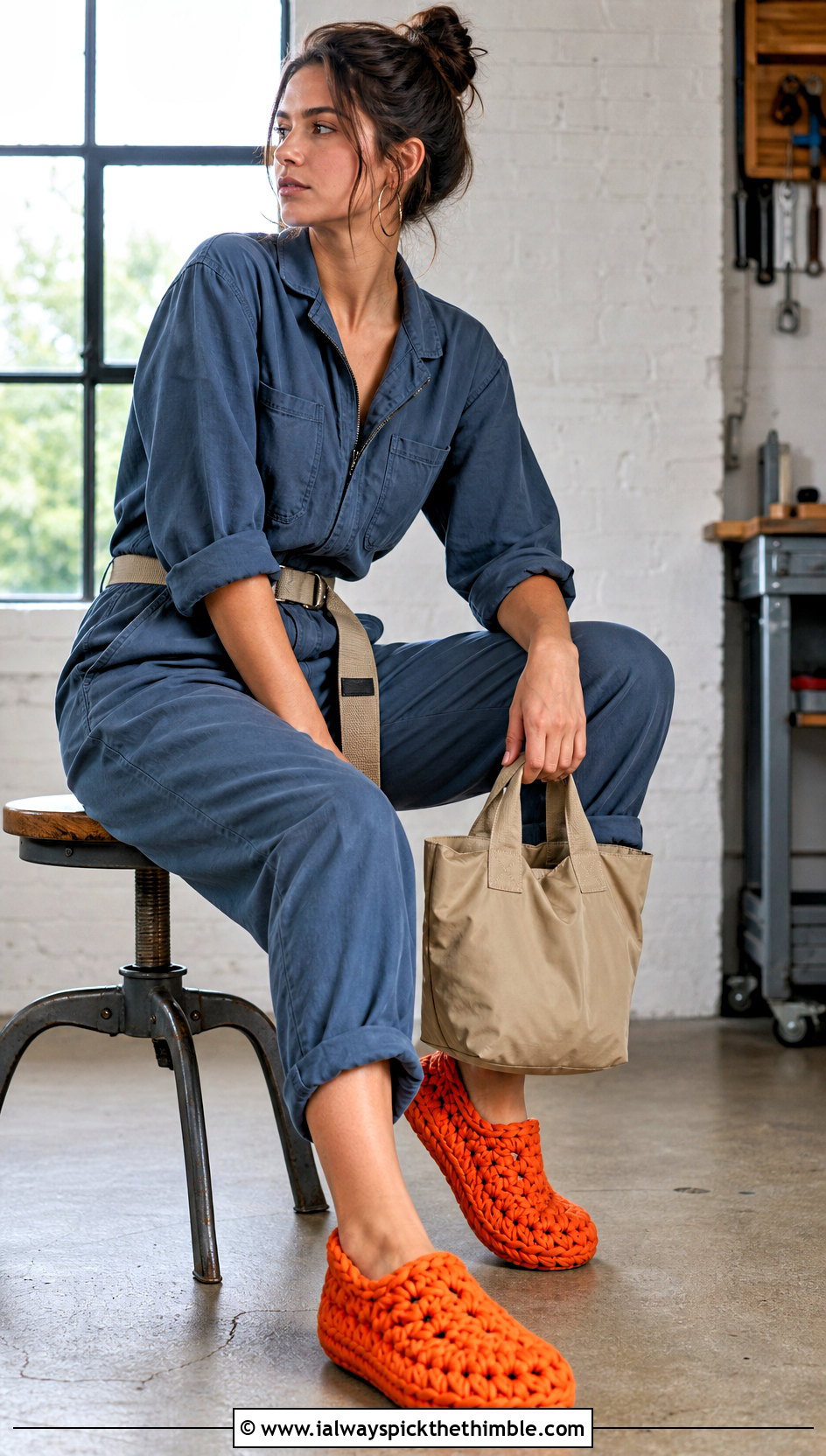 T Shirt Yarn Crochet Slippers With Utility Jumpsuit - 25 crochet slippers outfit ideas