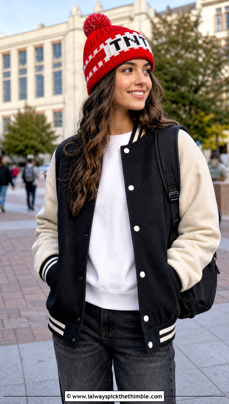 TNT Pom Pom Hat With Varsity Jacket - 20 Minecraft Crochet Hat outfit ideas