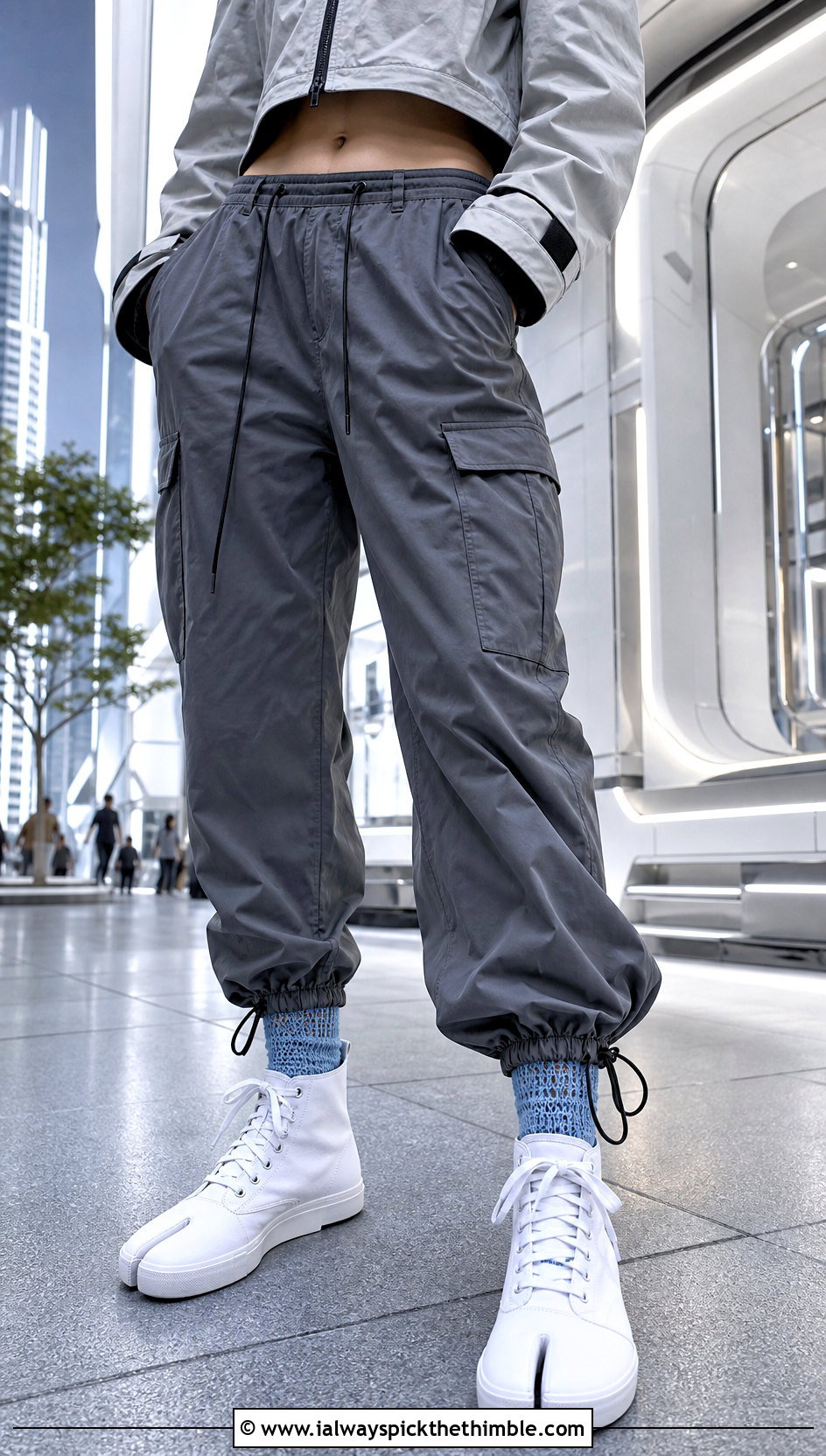 Tabi Crochet Socks With High Top Sneakers And Parachute Pants - 25 easy crocheted socks outfit ideas
