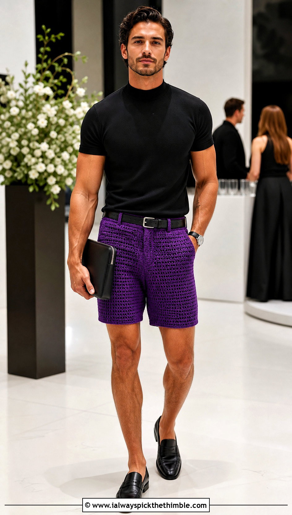 Tailored Crochet Shorts With Mock Neck Top - 15 Crochet Mens Shorts For Men outfit ideas