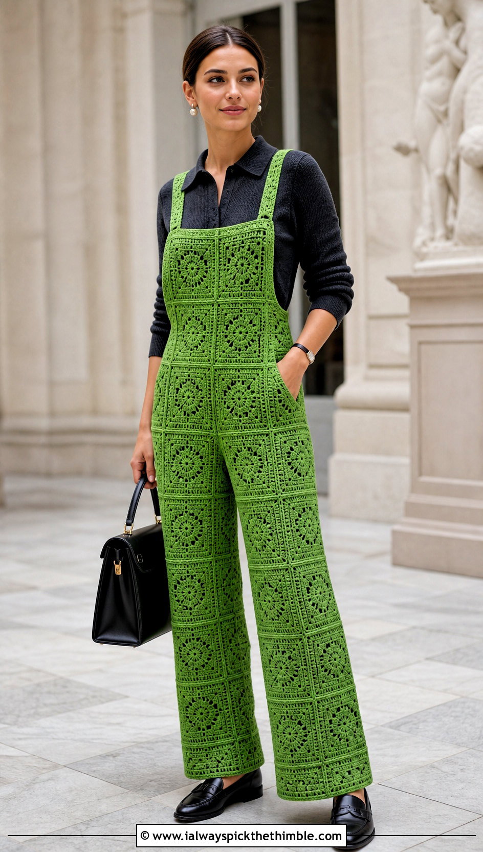 Tailored Granny Square Crochet Overalls With Fine Knit Polo - 20 Granny Square Crochet Overalls outfit ideas