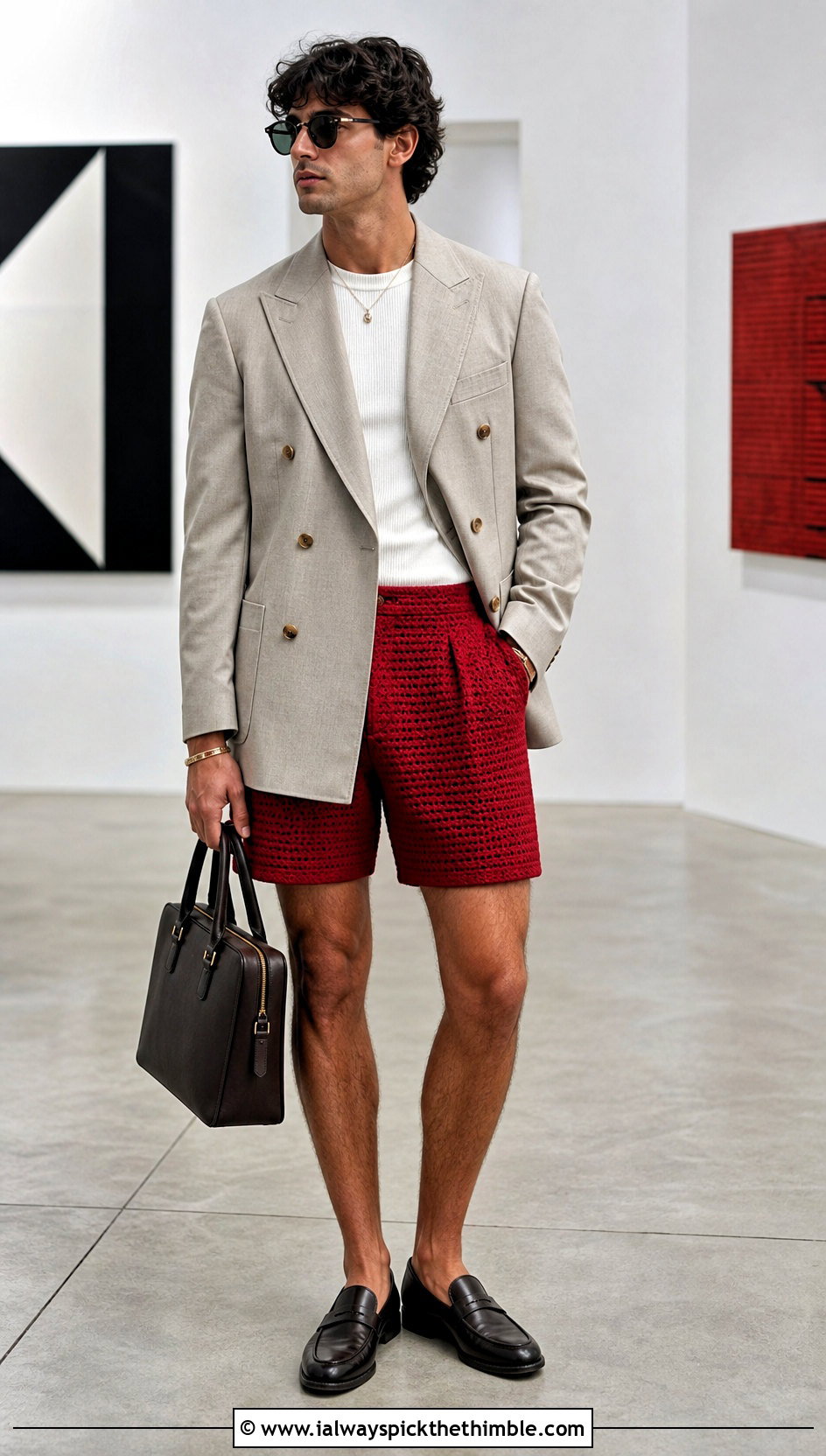 Tailored Mens Crochet Shorts With Double Breasted Blazer - 25 Crochet Mens Shorts outfit ideas