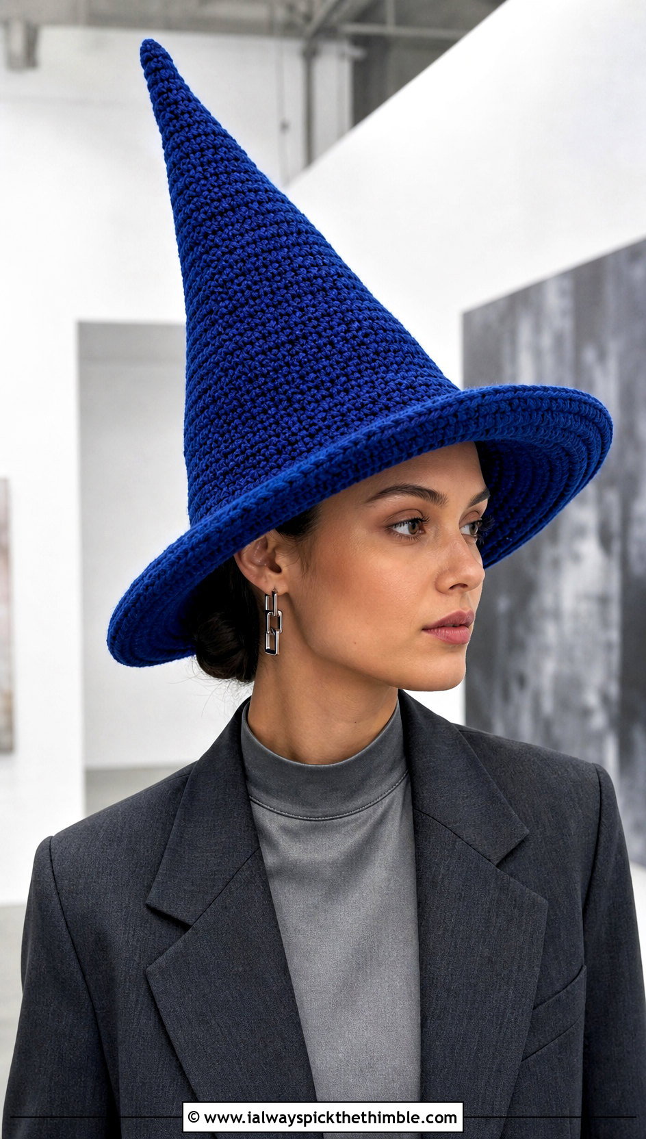 Tall Pointed Crochet Witch Hat With Tailored Suit - 15 Witch's Crochet Hat outfit ideas