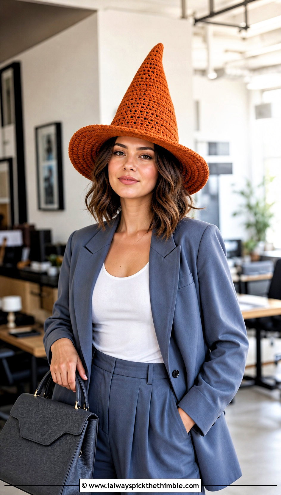 Tall Pointed Crochet Witch Hat With Trouser Suit - 25 crochet witches hat outfit ideas