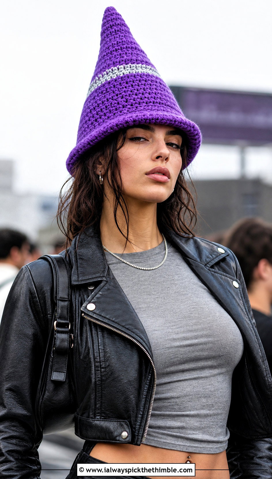 Tall Pointed Traffic Cone Hat With Leather Jacket - 20 crochet traffic cone hat outfit ideas