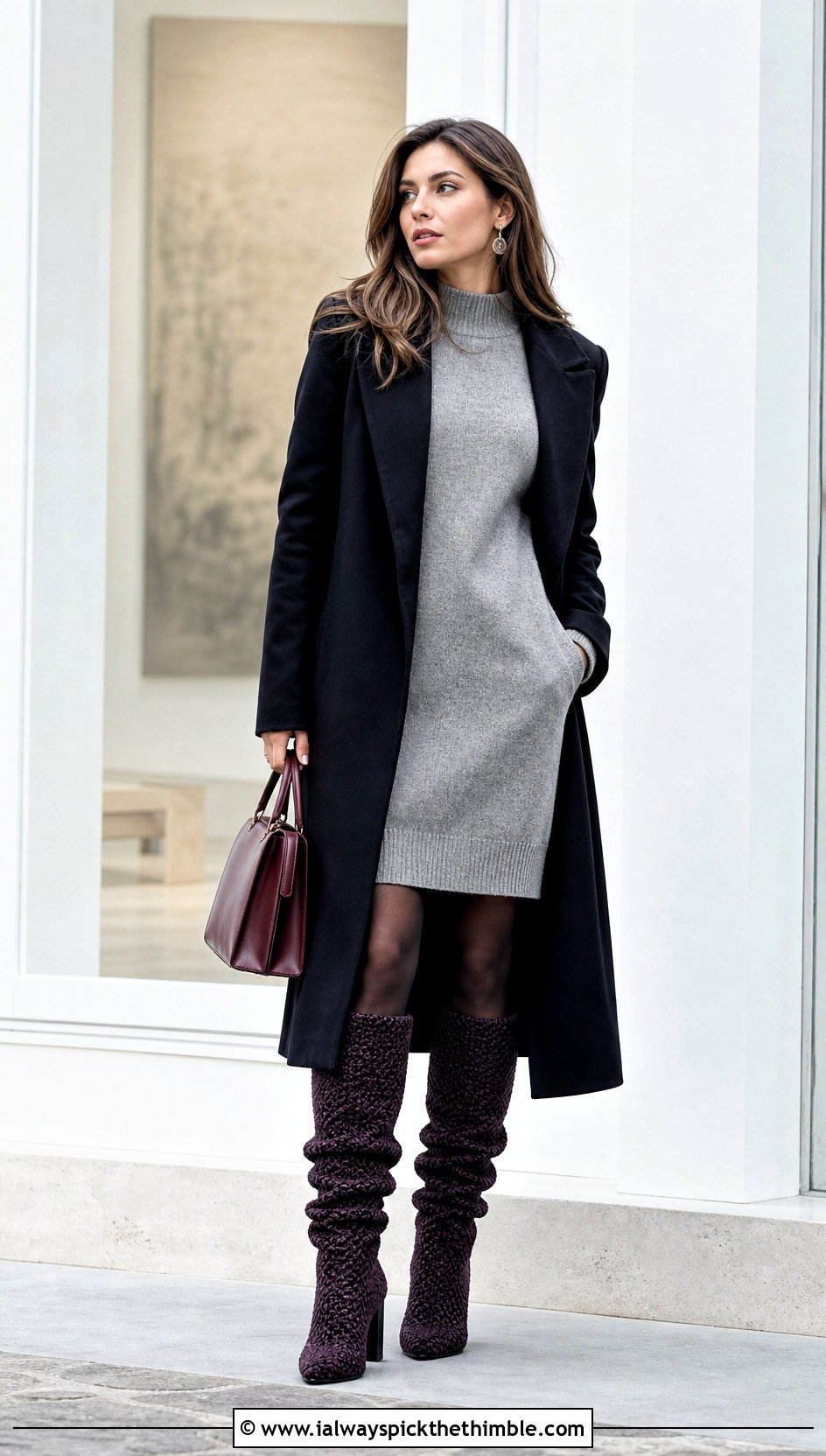 Tall Slouch Crochet Boots With Sweater Dress And Long Coat - 15 ugg style crochet boots outfit ideas