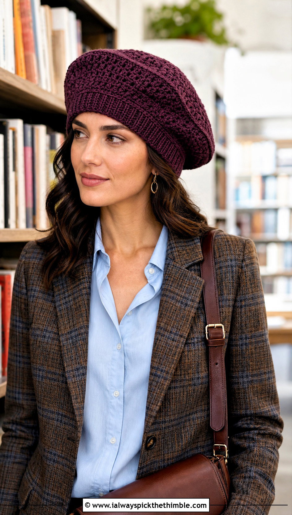 Tam Crochet Beret With Plaid Blazer - 20 crochet berets outfit ideas