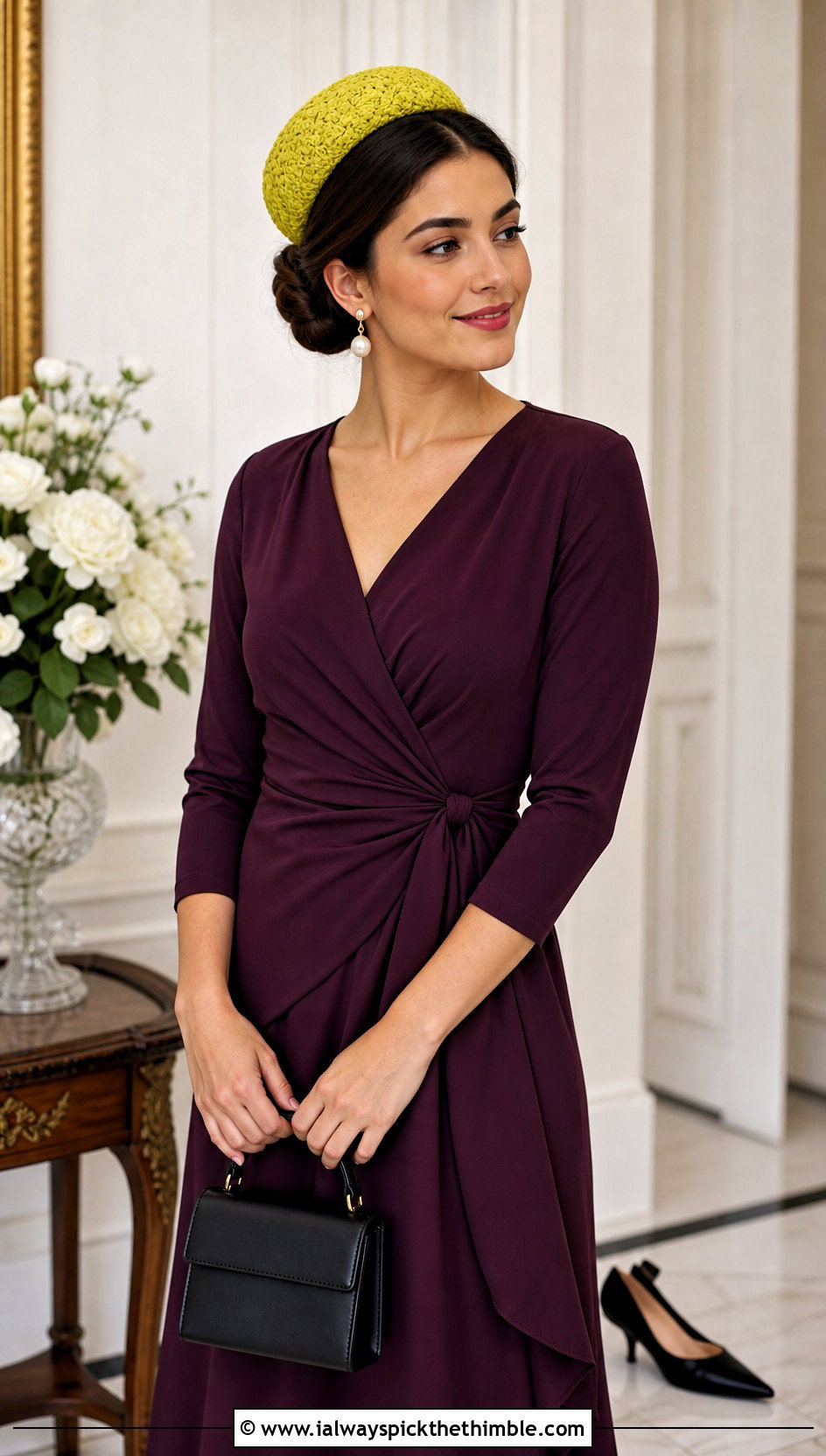 Tamayo Pillbox Hat With Wrap Dress and Kitten Heels - 20 Demon Slayer Crochet Hat outfit ideas