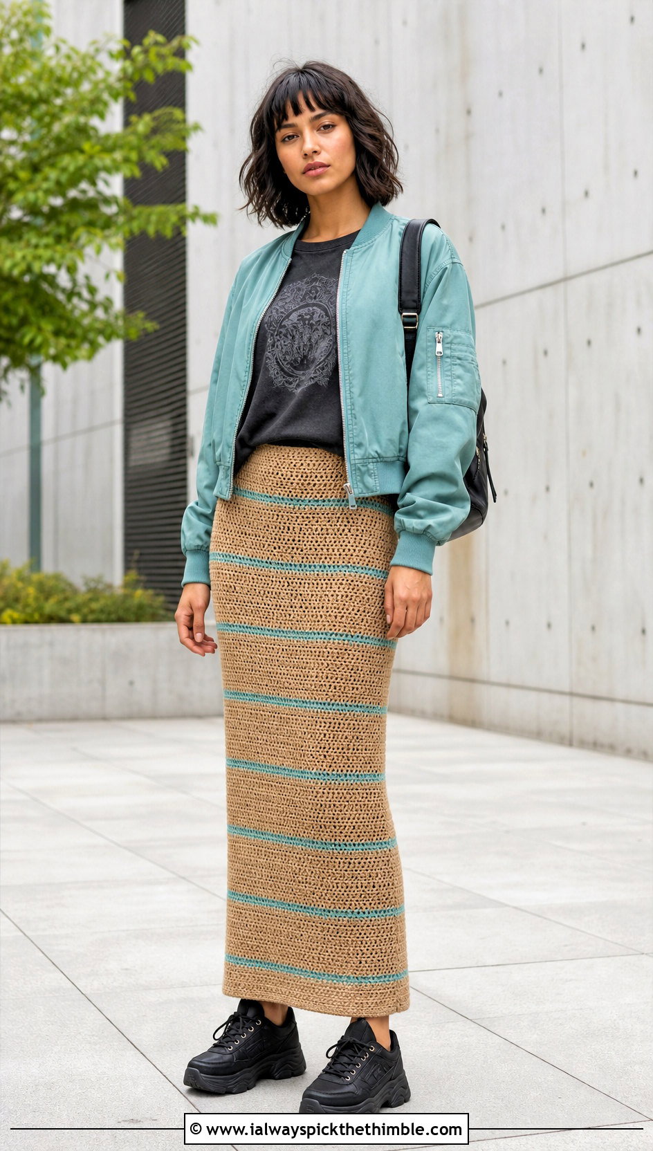Tan Column Crochet Skirt With Graphic T Shirt - 15 tan crochet skirt outfit ideas
