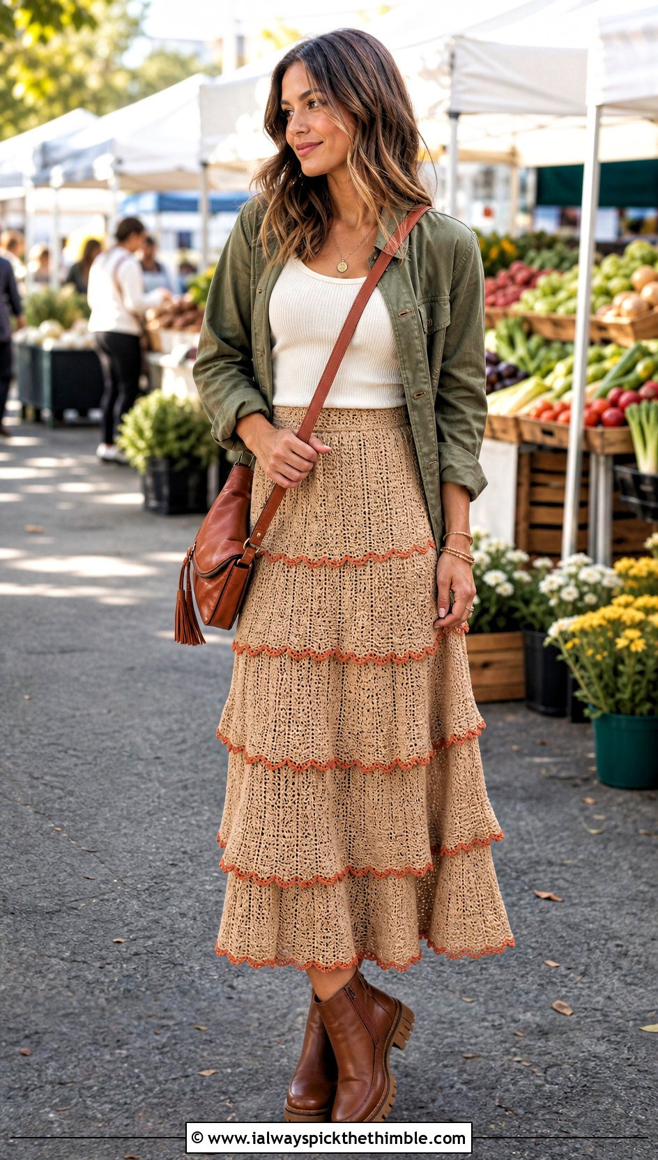 Tan Tiered Crochet Skirt With Utility Jacket - 15 tan crochet skirt outfit ideas