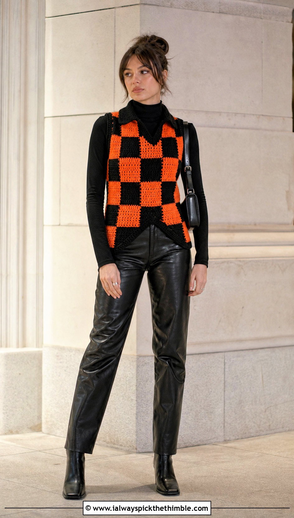 Tangerine Checkerboard Crochet Wednesday Addams Vest With Leather Pants - 15 Crochet Wednesday Addams Vest outfit ideas