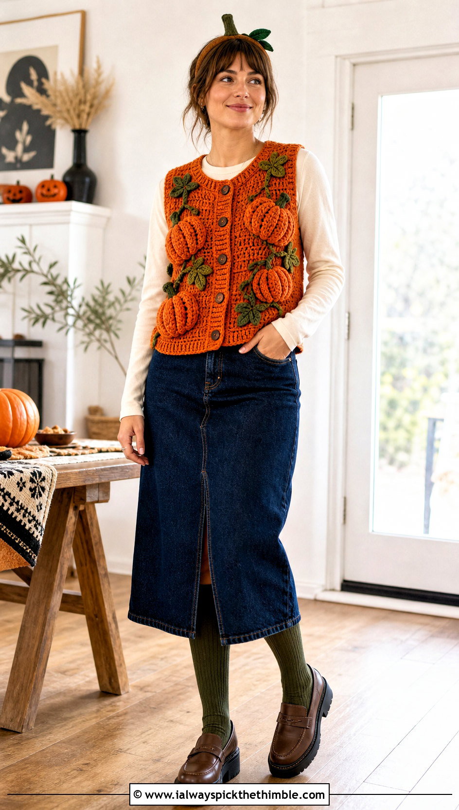 Tangerine Crochet Pumpkin Vest And Denim Skirt Costume - 15 crochet halloween costumes women outfit ideas