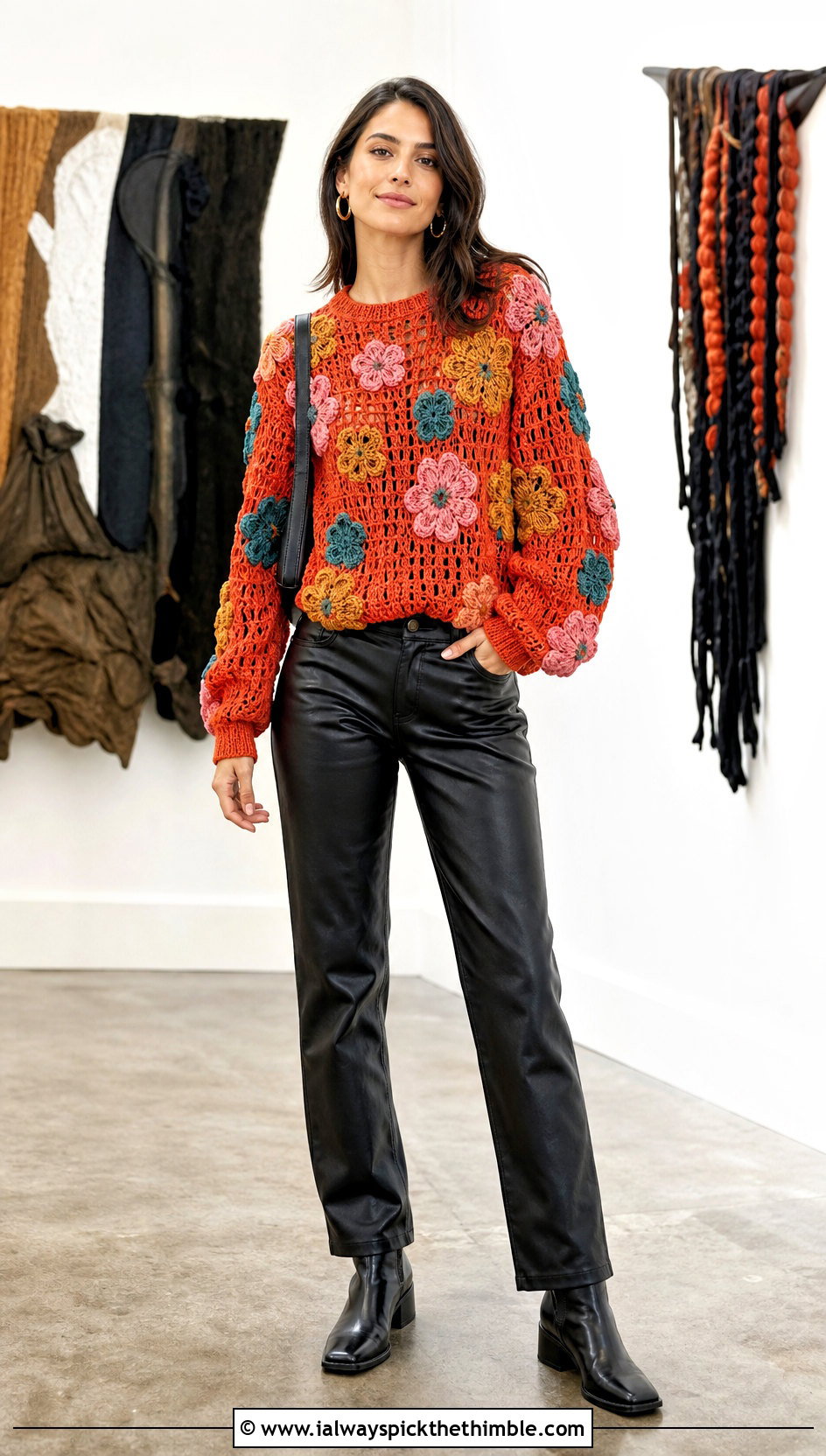 Tangerine Floral Crochet Sweater With Leather Pants - 15 bright crochet sweater design outfit ideas
