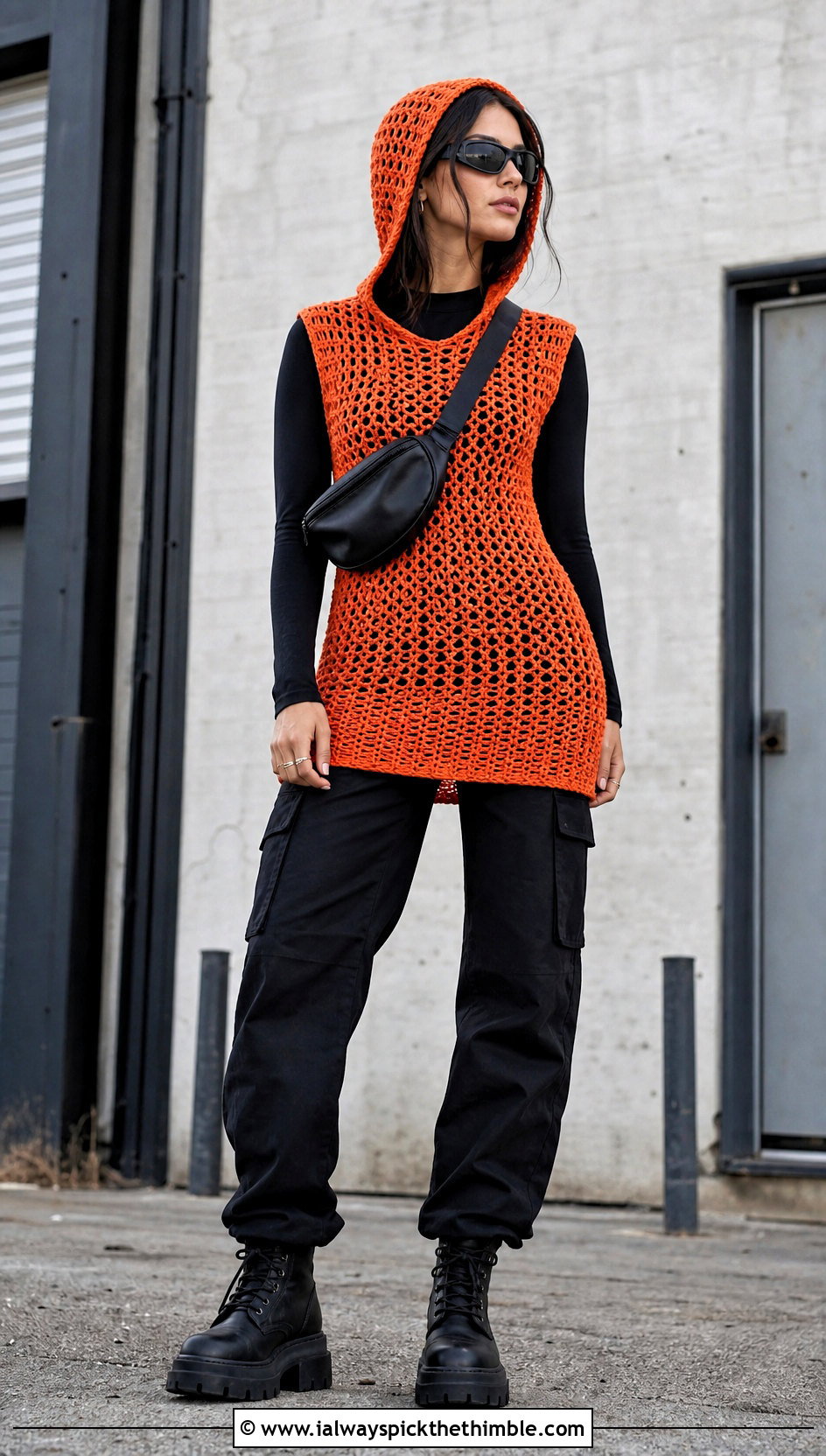 Tangerine Hooded Crochet Dress With Cargo Pants - 15 goth crochet dress outfit ideas