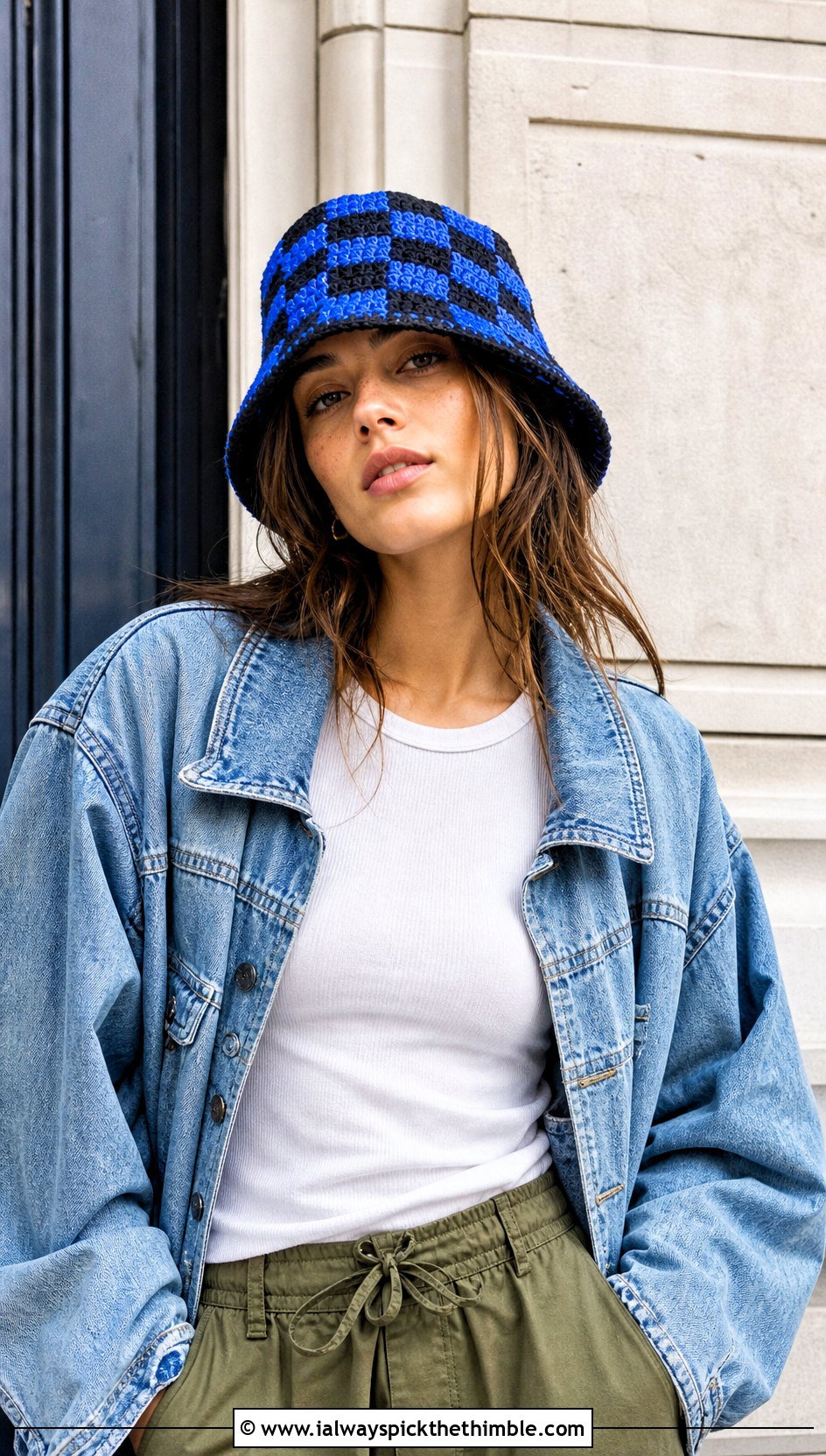 Tanjiro Checkerboard Bucket Hat With Denim Jacket and Cargo Pants - 20 Demon Slayer Crochet Hat outfit ideas