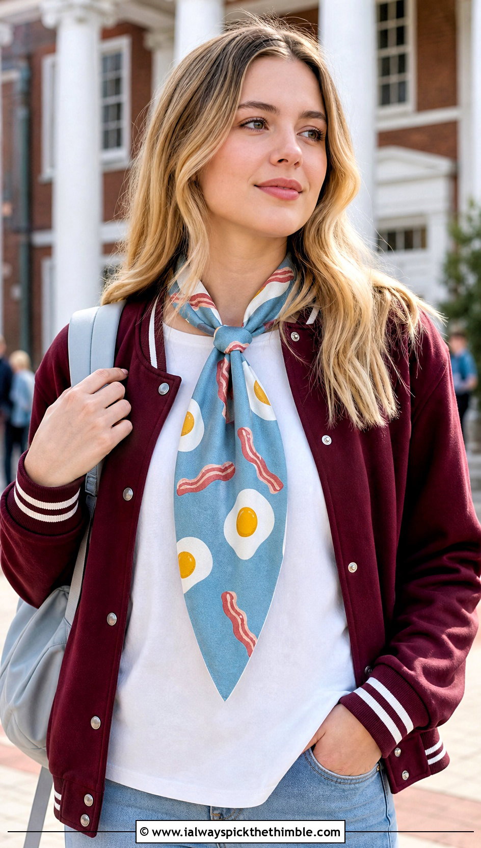 Tapered Bacon And Eggs Scarf With Varsity Jacket - 20 Crochet Bacon And Eggs Scarf outfit ideas