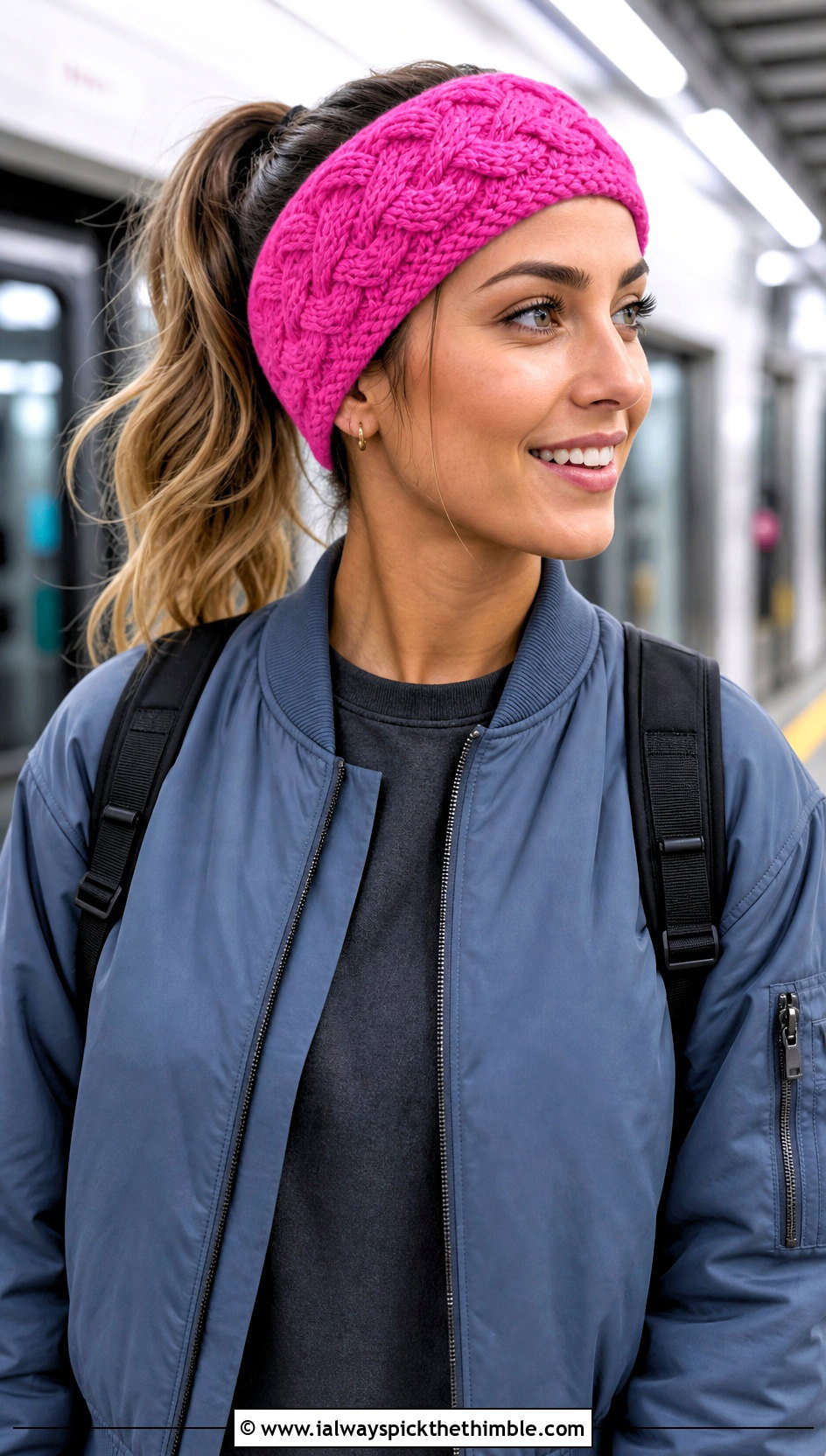 Tapered Cable Crochet Headband With Bomber Jacket - 15 Cable Stitch Crochet Headband outfit ideas