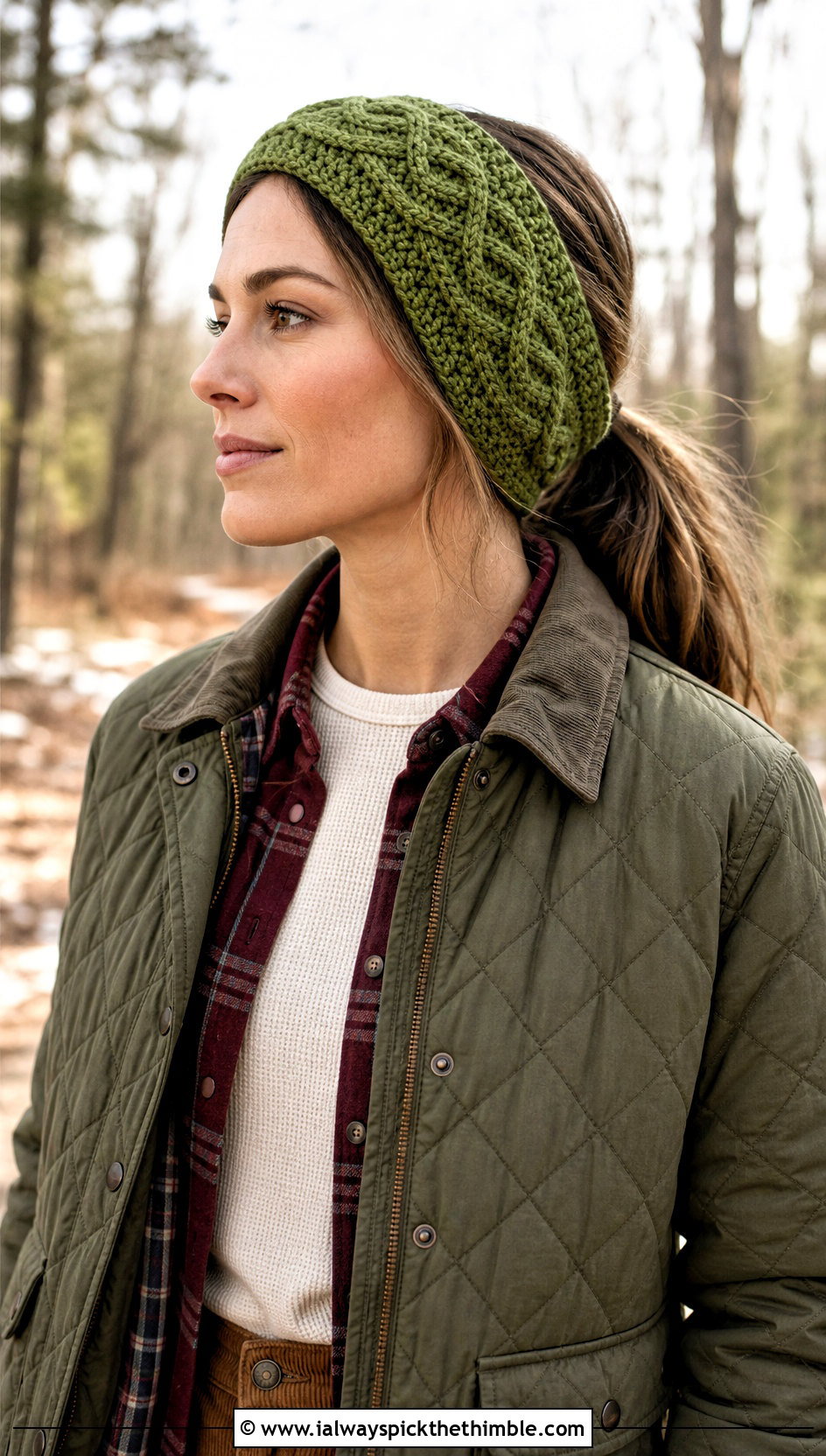 Tapered Cable Crochet Headband With Flannel Shirt And Corduroy Pants - 15 cable crochet headband outfit ideas