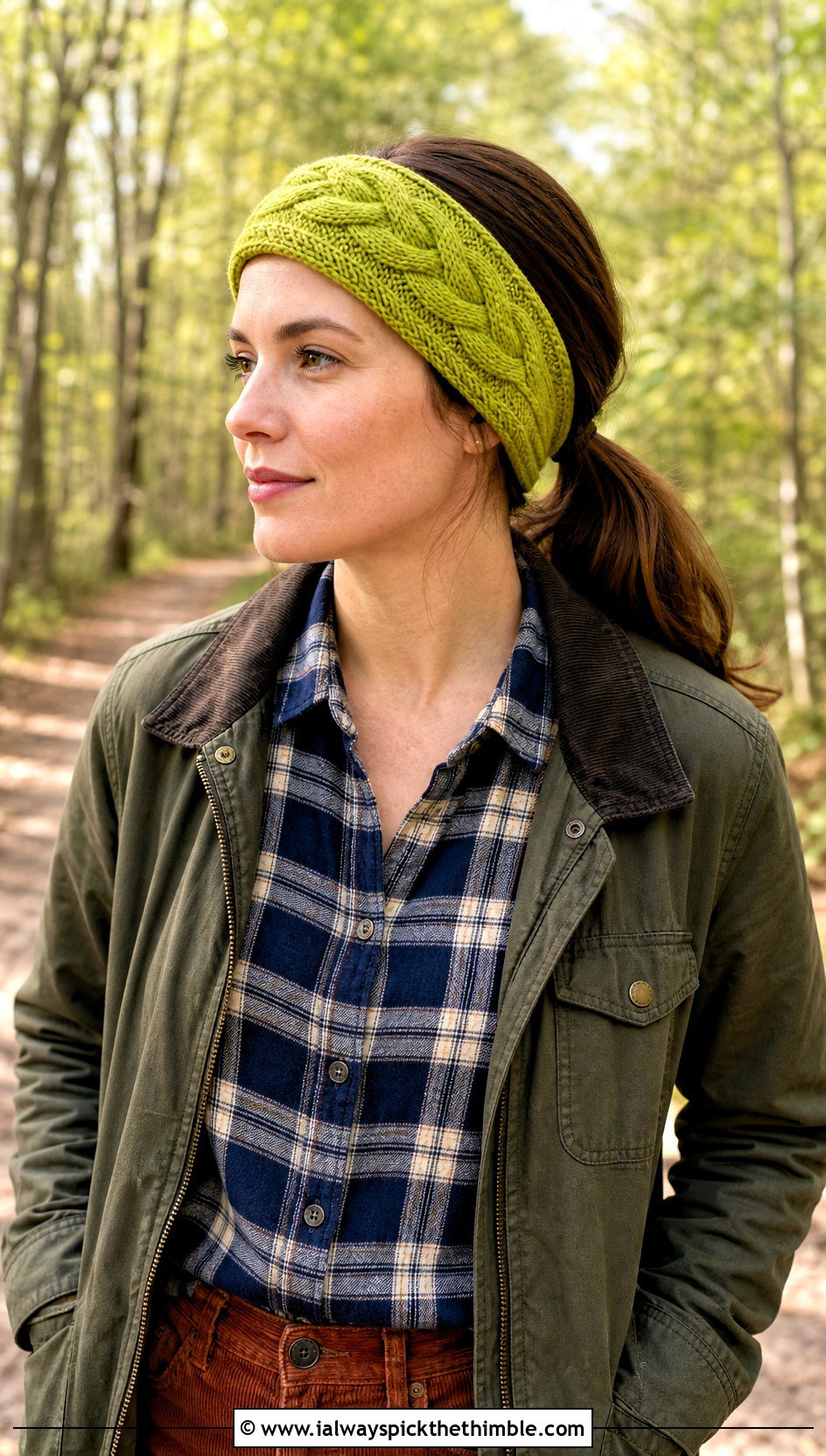 Tapered Cable Headband With Flannel Shirt and Corduroy Pants - 15 easy crochet cable headband earwarmer outfit ideas