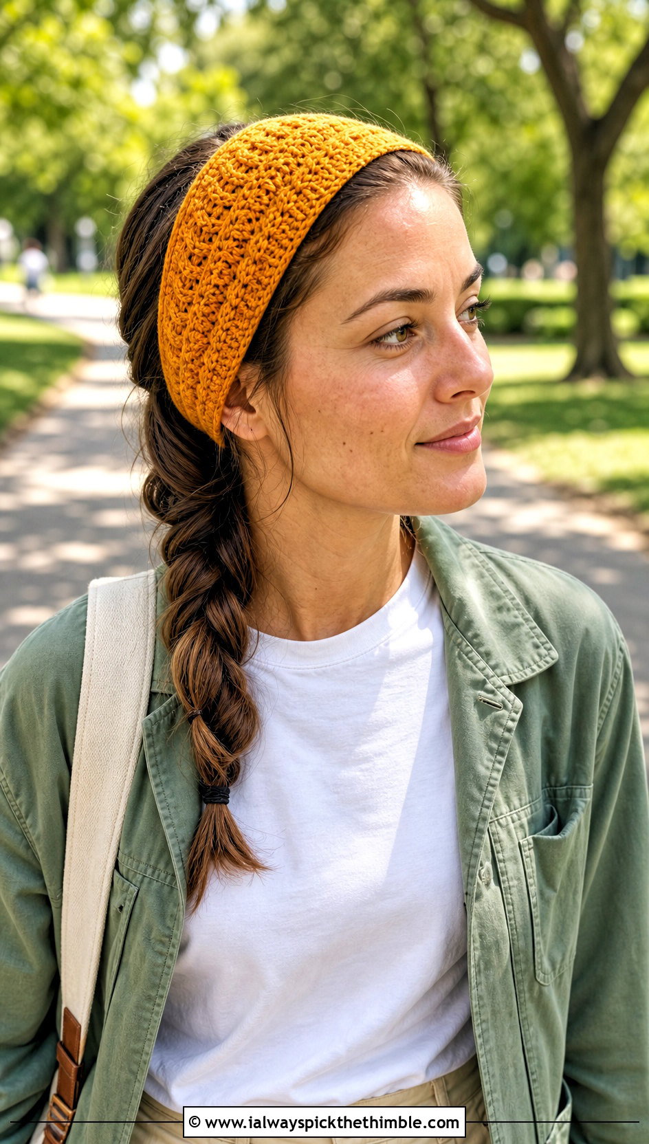 Tapered Crochet Cable Headband With Utility Jacket And Chinos - 20 crochet cable headband outfit ideas