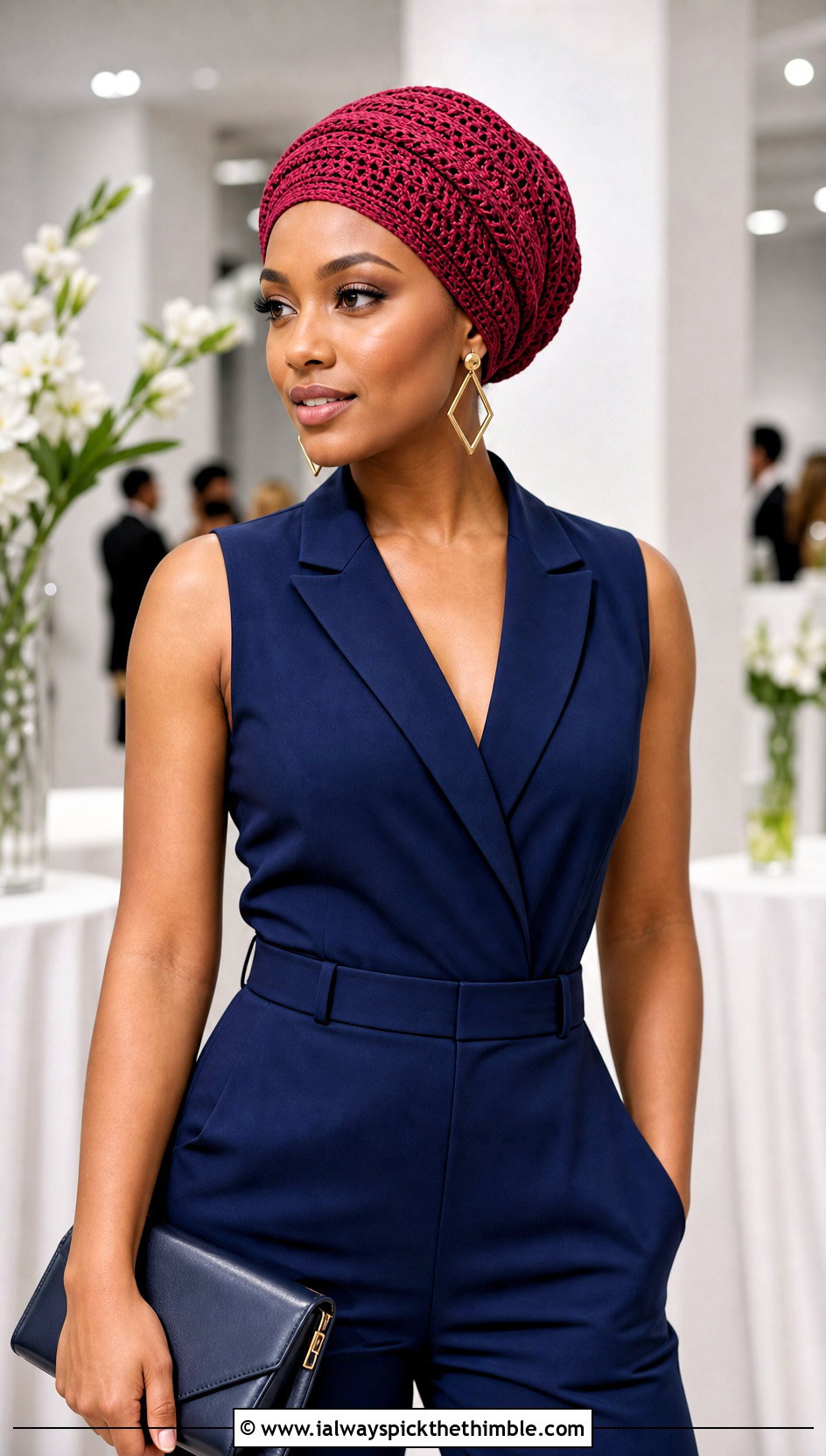 Tapered Crochet Head Wrap With Jumpsuit And Block Heels - 15 crochet head wraps outfit ideas
