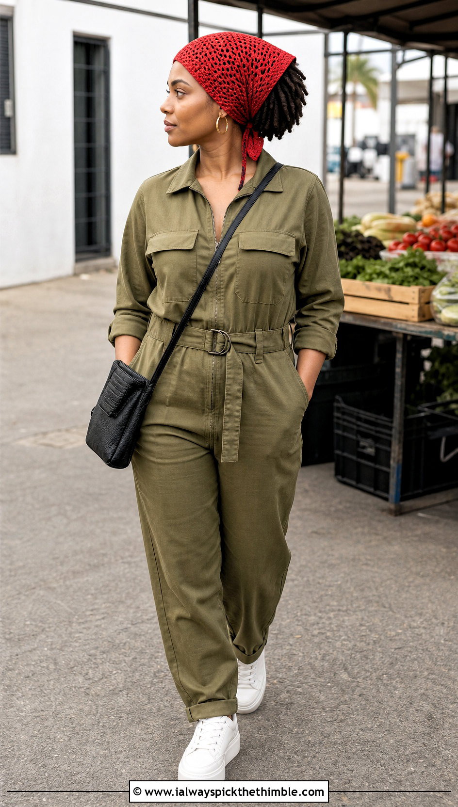 Tapered Crochet Headwrap With Utility Jumpsuit - 25 crochet headwrap outfit ideas