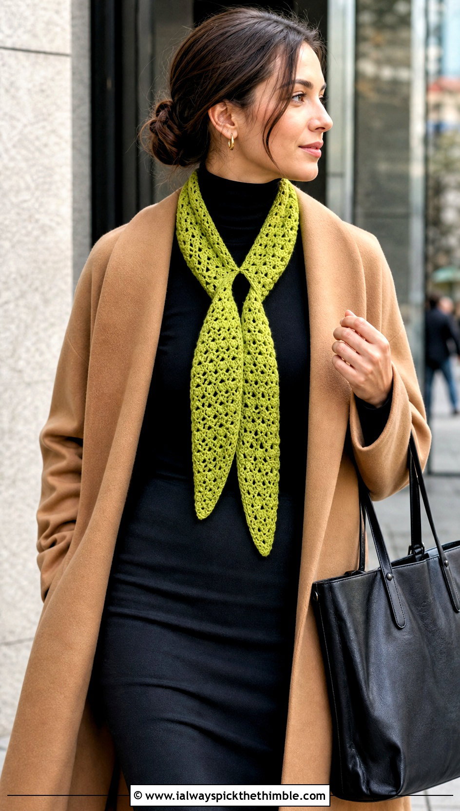Tapered Crochet Keyhole Scarf With Wrap Coat - 25 crochet keyhole scarf outfit ideas