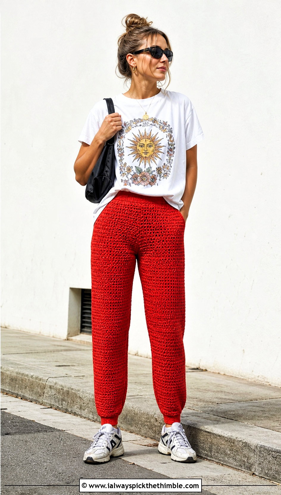 Tapered Crochet Pants With Graphic T Shirt - 20 crochet pants women outfit ideas