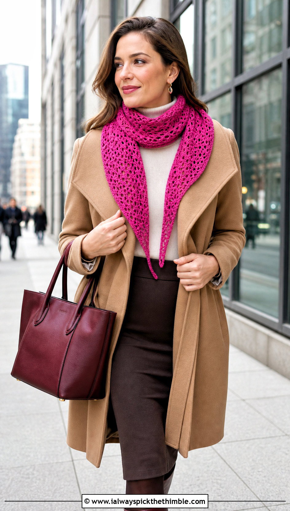 Tapered Keyhole Crochet Scarf With Wrap Coat - 15 Key Hole Crochet Scarf outfit ideas