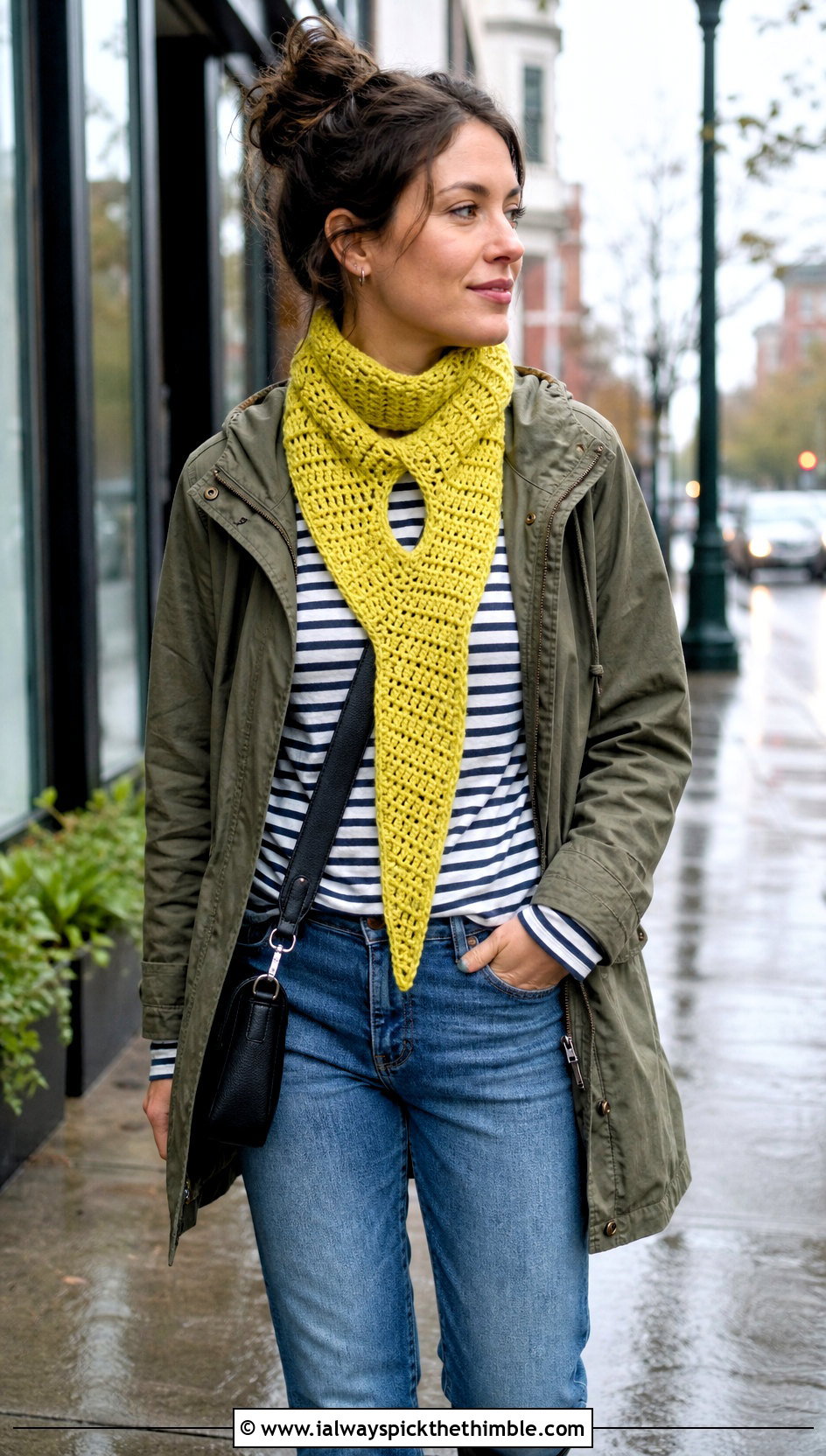 Tapered Keyhole Scarf With Utility Jacket - 15 Crocheted Keyhole Scarf outfit ideas